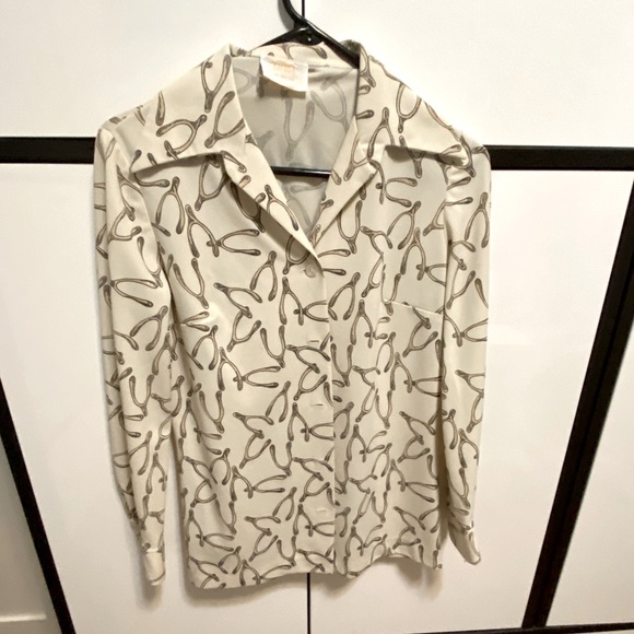 Vintage and Unique “Luigi of Naples” Wishbone Print polyester long sleeve Blouse - Picture 2 of 10